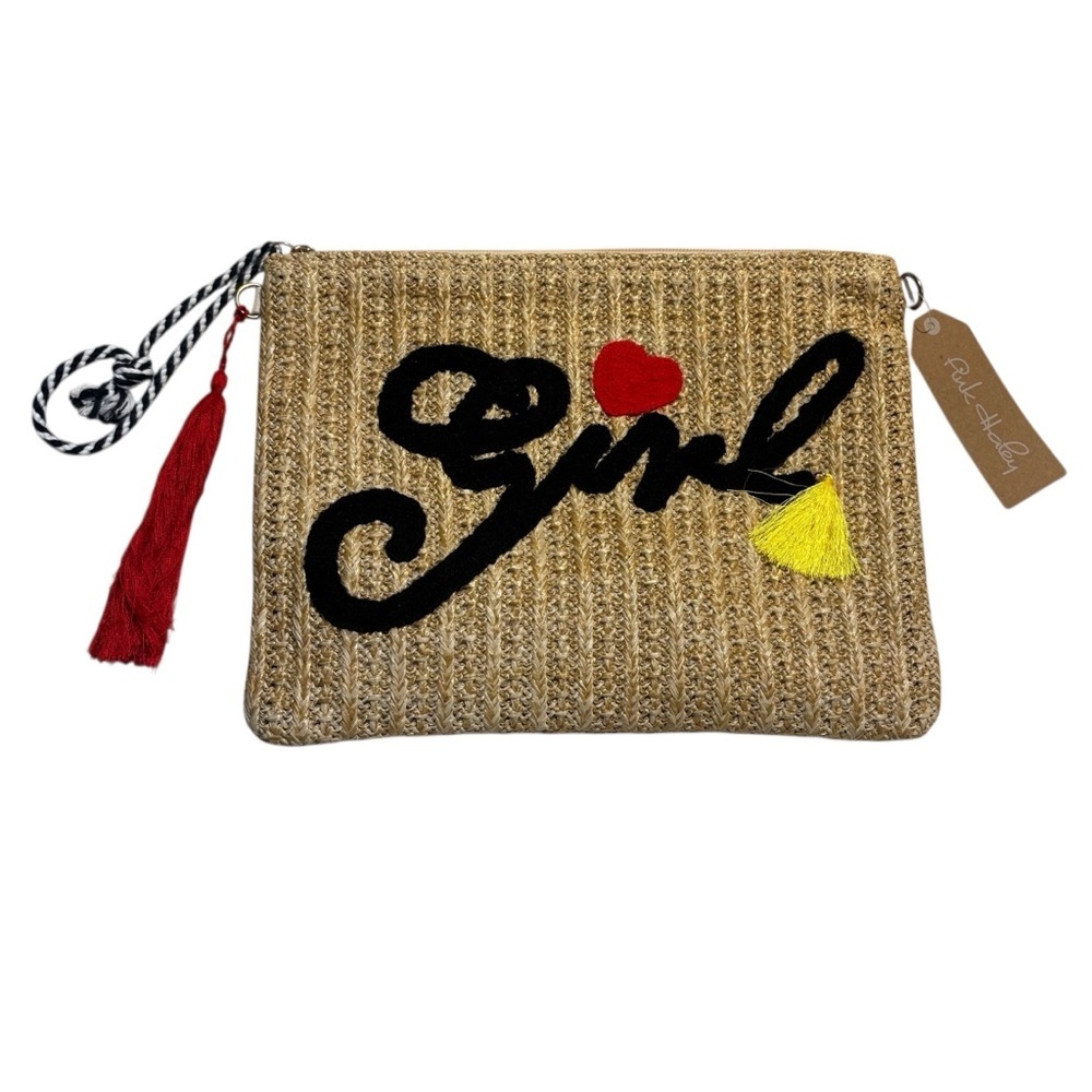 NWT Pink Haley Tan Crossbody Bag Black, Red, Yellow Accents Knit Straw Tassels